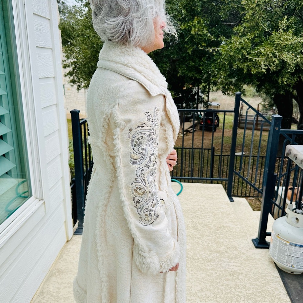 Blanc Noir Cream Leather Jacket with Embroidered Details